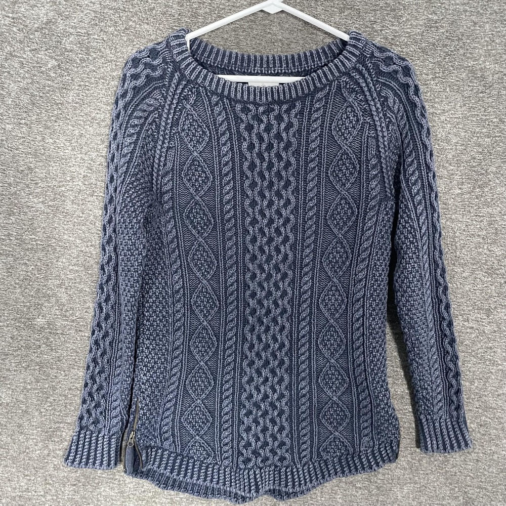 L.L. Bean Signature Sweater Womens XS Blue 100% Cotton‎ Cable Knit Side Zip